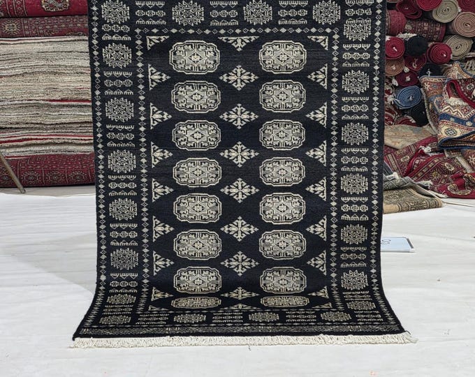 3 X 5 ft Black Geometrical Handmade, Mori Bokhara Cotton and Wool
