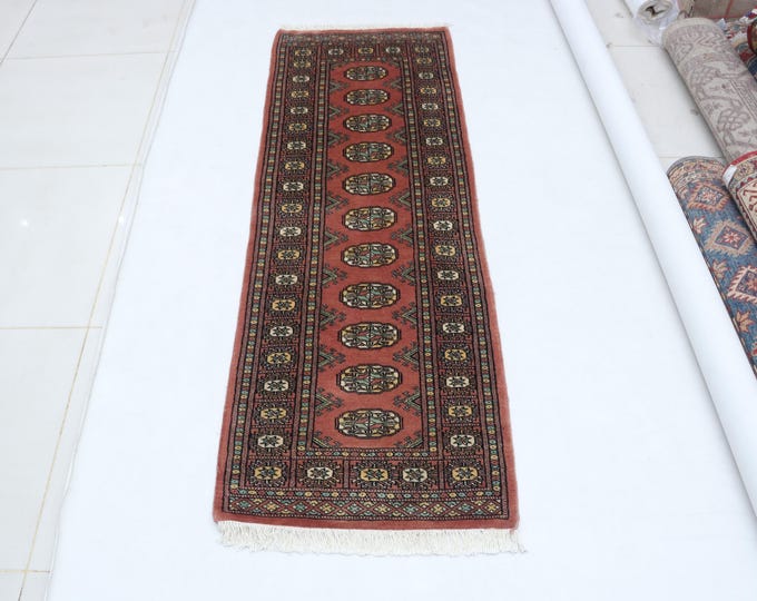 2.1 X 5.11 ft Copper Geomatrical Runner Handmade, Mori Bokhara Cotton and Wool