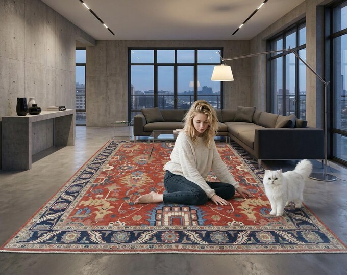 9.0 X 11.10 ft Red and BlueFloral Handmade ,Heriz Cotton and Wool