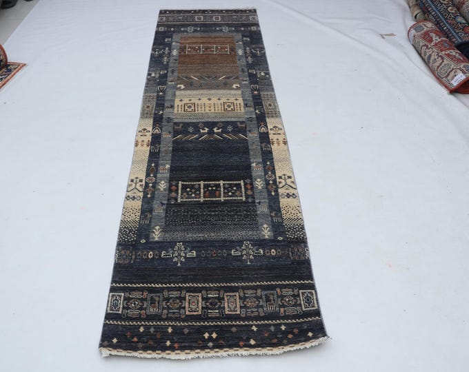 2 X 10 ft Black Rainbow Handmade Runner, Khurjeen Cotton and Wool