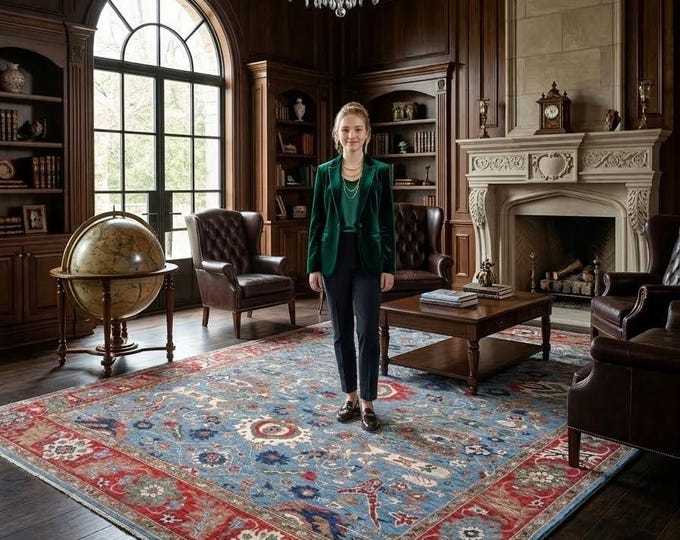 8.1 X 9.8 ft Red and Blue Floral Handmade ,Heriz Cotton and Wool