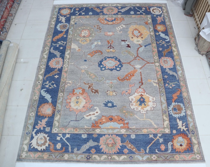 10.5 X 13.9 ft Blue and Gray Floral Handmade ,Oshak Wool