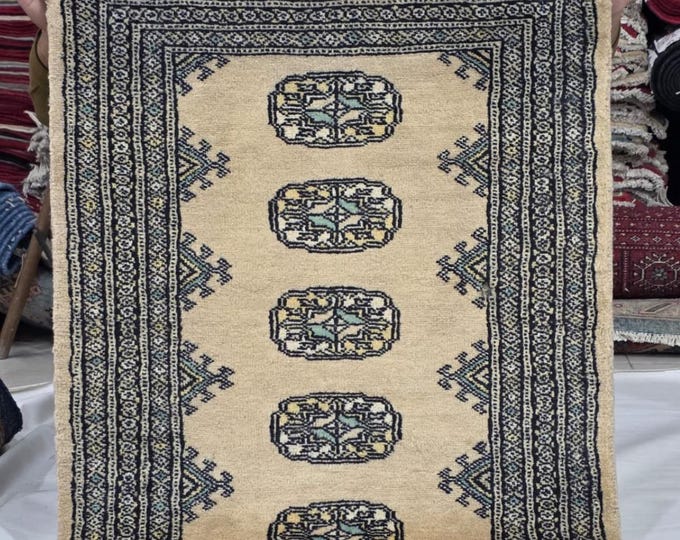 2 X 3 ft Beige Geometrical Handmade, Mori Bokhara Rug Cotton and Wool