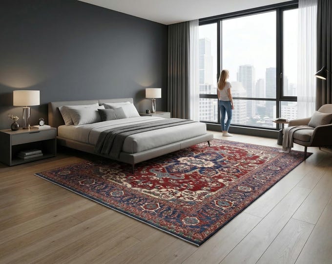 8.1 X 9.10 ft Red and Blue Geomatrical Handmade , Super Kazak Cotton and Wool