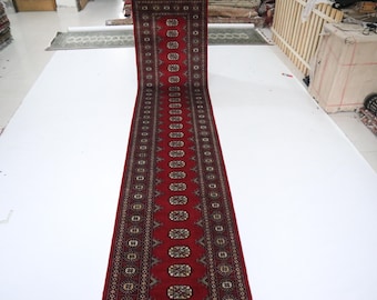 12 Ft Hand-Knotted Mori Bokhara Wool Runner Rug, Red Tribal Design