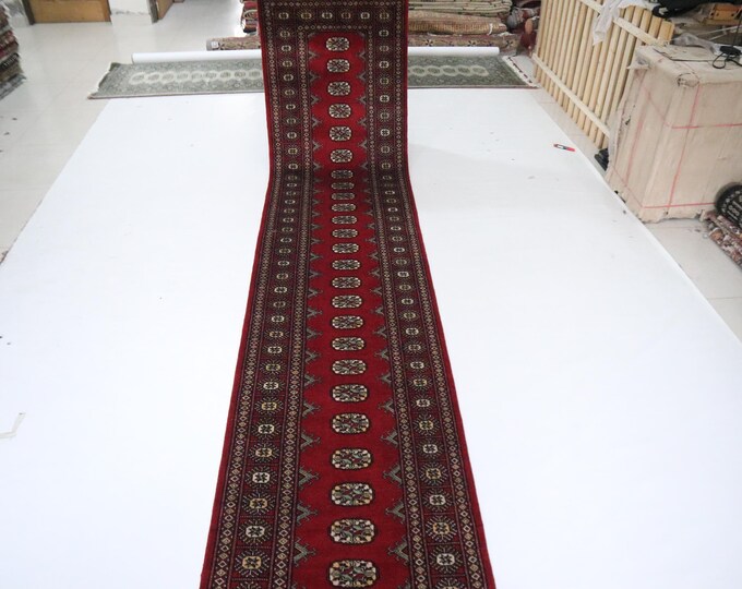 12 Ft Hand-Knotted Mori Bokhara Wool Runner Rug, Red Tribal Design
