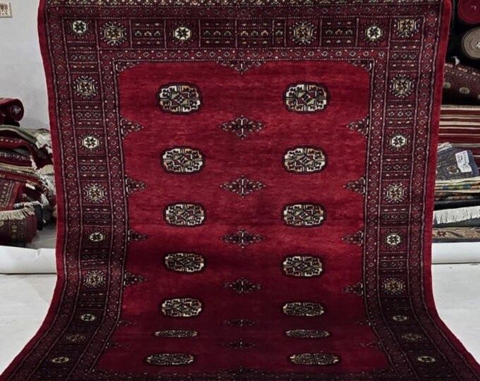 4.5 X 7 ft Red Geometrical Handmade , Mori Bokhara Cotton and Wool