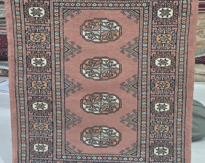 2 X 3 ft Copper Geometrical Handmade, Mori Bokhara Cotton and Wool