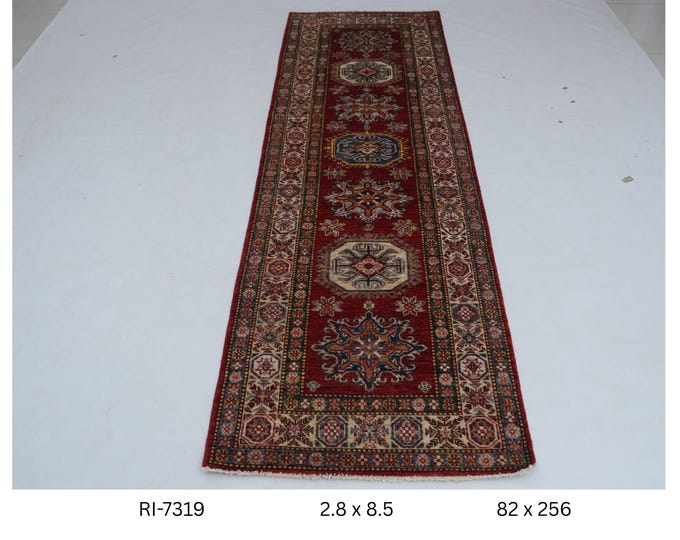 Hand-Knotted Super Kazak Rug, Red & Beige Geometric Wool, 2.8 x 8.5 ft