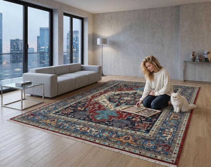 9.1 X 12.2 ft Red and BlueFloral Handmade ,Heriz Cotton and Wool