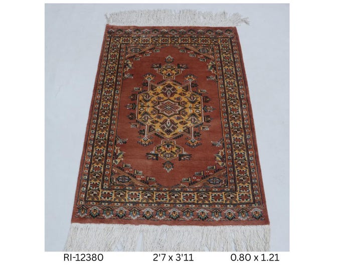 Hand-Knotted Wool & Silk Rug, Copper Geometric Design, 2.7 x 3.11 ft