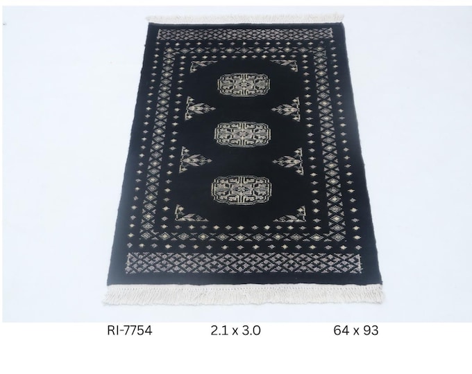 Hand-knotted Mori Bokhara Cotton and Wool Rug, Geomatrical in Black base and Black border, 2.1 x 3.0 ft