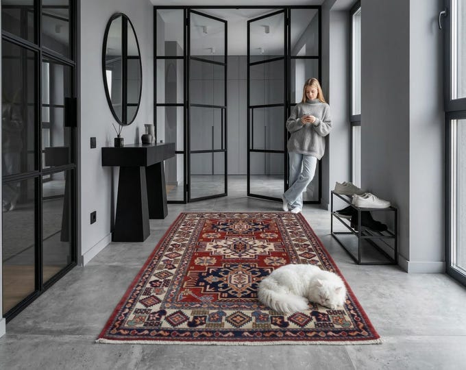 2.9 X 4.4 ft Red and Beige Geomatrical Handmade , Super Kazak Cotton and Wool