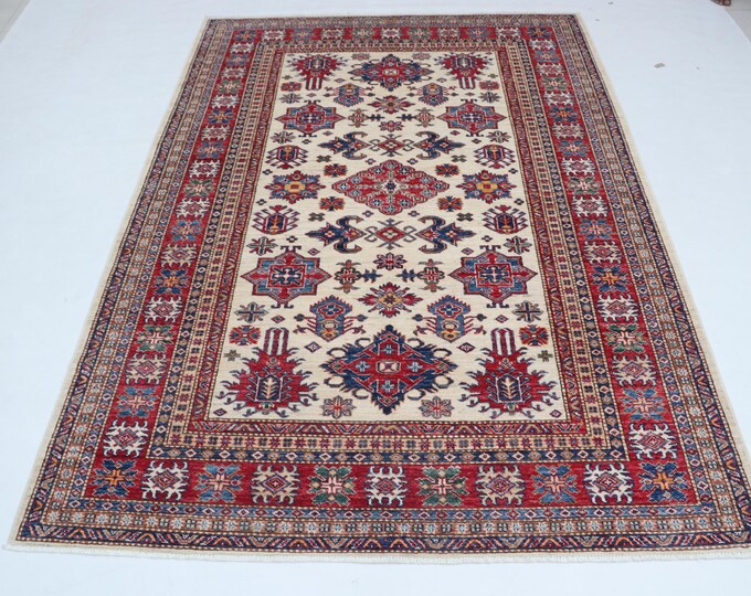 5.5 X 7.9 ft Beige and Red Geomatrical Handmade, Super Kazak Cotton and Wool