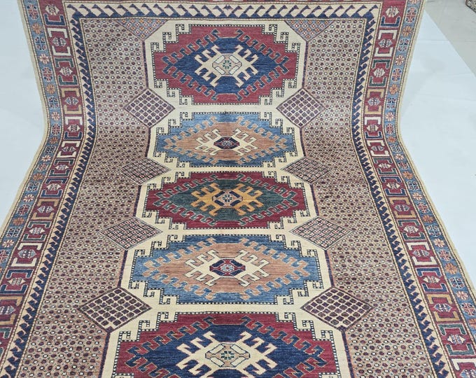 5.5 X 8 ft Handmade Geometrical Super Kazak Rug, Beige and Red, Cotton and Wool