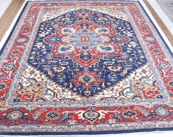 Handmade Heriz Wool Area Rug – Blue Red Medallion, 10x13 Afghan Rug