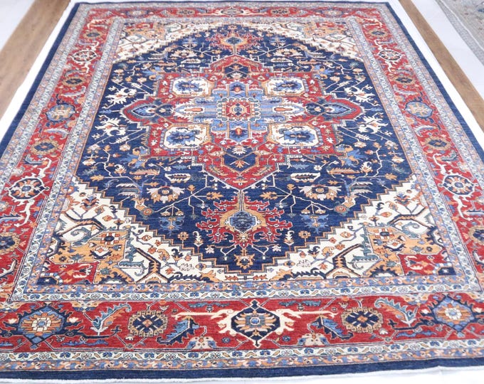 Handmade Heriz Wool Area Rug – Blue Red Medallion, 10x13 Afghan Rug