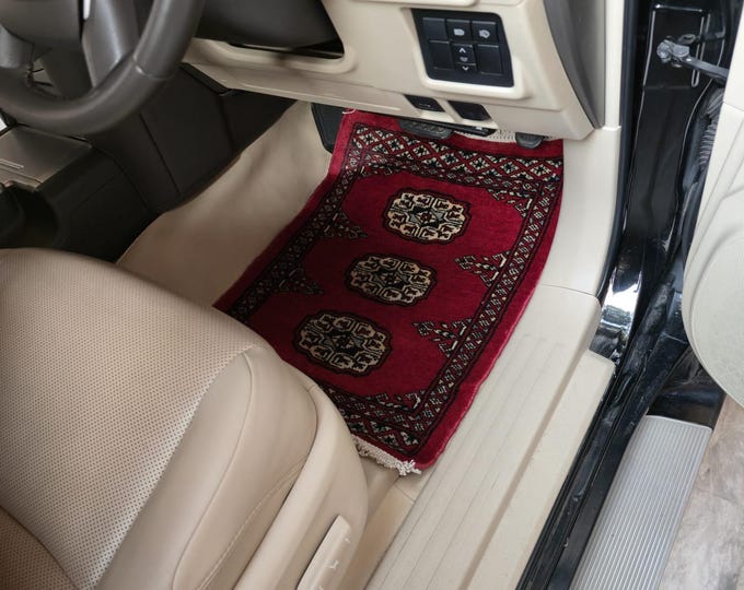 1.5 X 2 ft Geomatric Handmade Car Mats Pair, Red Wool Car Floor Rugs, Cotton and Wool Car Mats