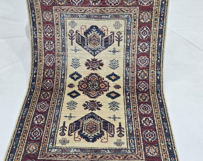 2.5 X 4 ft Handmade Geometrical Super Kazak Rug, Beige and Red, Cotton and Wool