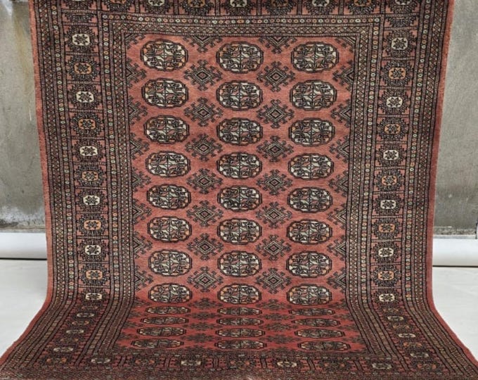 4 X 6 ft Copper Geometrical Handmade , Mori Bokhara Cotton and Wool