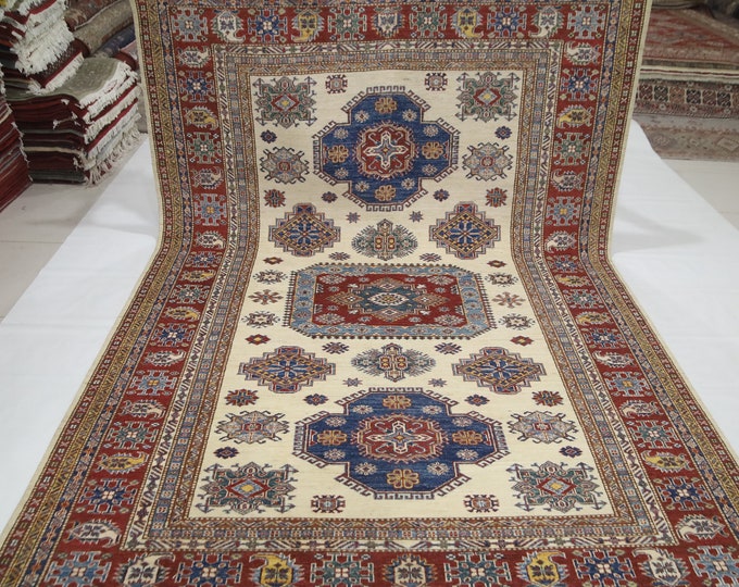 7x10 Beige Kazak Rug – Hand-Knotted Afghan Wool, Geometric Design