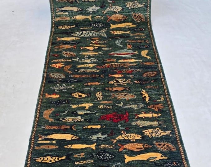 3 X 10 ft Green Fish Handmade Runner, Chobi Rug Cotton and Wool