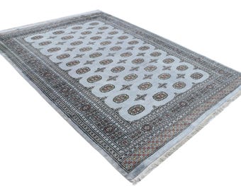 7 X 10 ft Gray Geometrical Handmade , Mori Bokhara Cotton and Wool