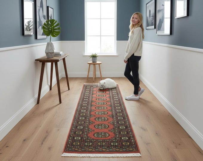 2.0 X 5.6 ft Copper Geomatrical Runner Handmade, Mori Bokhara Cotton and Wool