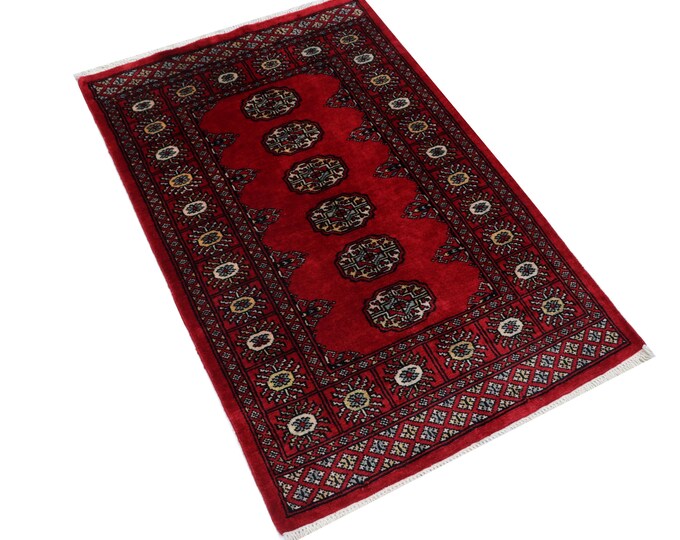 2.8 X 4.0 ft Red Geomatrical Handmade , Mori Bokhara Cotton and Wool