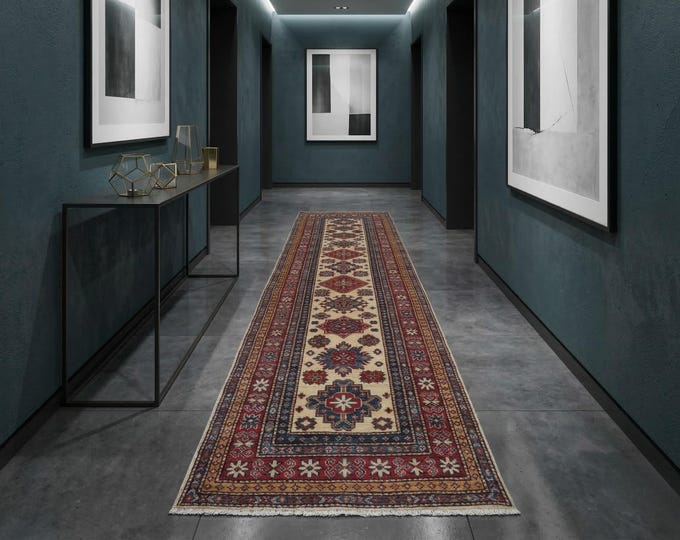 2.7 X 8.2 ft Beige and Red Geomatrical Handmade Runner, Super Kazak Cotton and Wool