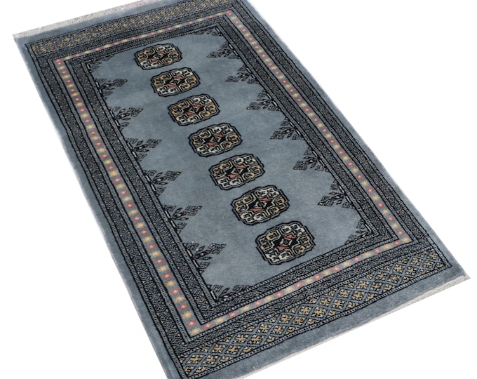 2.7 X 4.3 ft Gray Geomatrical Handmade , Mori Bokhara Cotton and Wool
