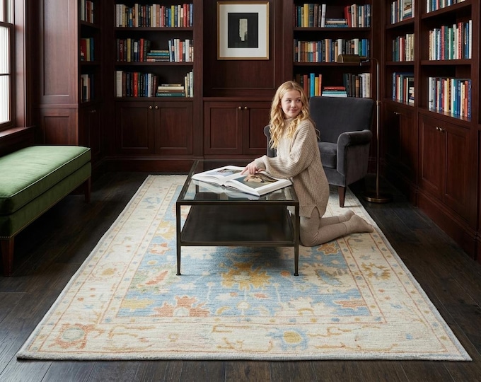 4.1 X 6.2 ft Blue and Beige Floral Handmade ,Oshak Wool