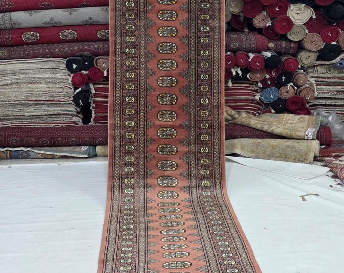 3 X 11 ft Copper Geomatrical Handmade Runner, Mori Bokhara Cotton and Wool