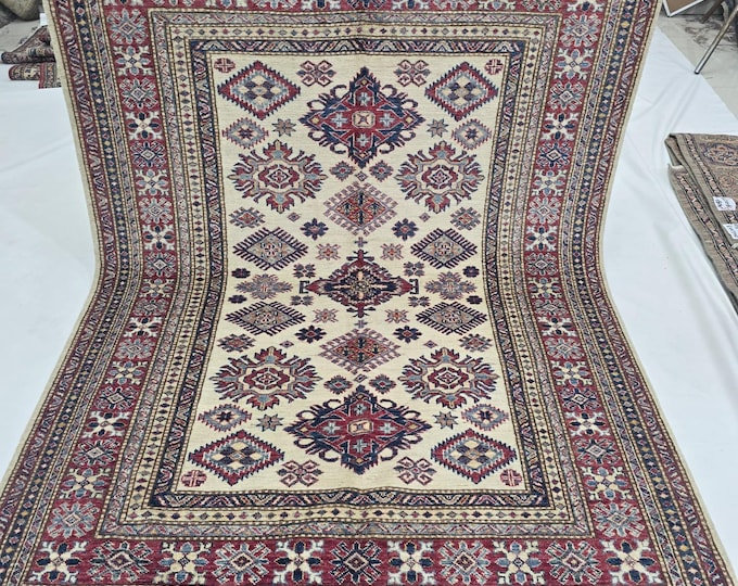 5 X 7 ft Handmade Geometrical Super Kazak Rug, Beige and Red, Cotton and Wool