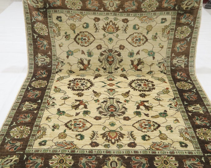 Hand Knotted Afghan Chobi Rug, Beige Brown Floral Wool Rug (5x6'3 Ft)