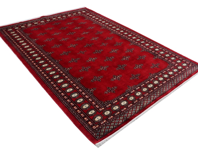 6 X 9 ft Red Geometrical Handmade , Mori Bokhara Cotton and Wool