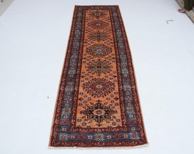 3 X 9 ft Copper and Blue Geomatrical Handmade Runner, Super Kazak Cotton and Wool