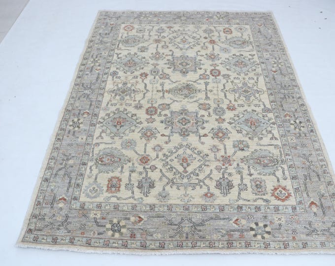5.0 X 6.10 ft Beige Floral Handmade Runner ,Heriz Cotton and Wool