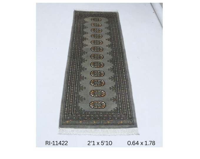 Hand-knotted Mohri Bokhara Cotton and Wool Rug, Geomatrical in Gray base and Gray border, 2.1 x 5.10 ft