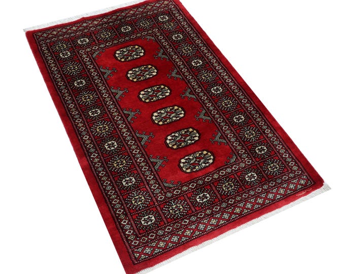 2.7 X 4.2 ft Red Geomatrical Handmade , Mori Bokhara Cotton and Wool