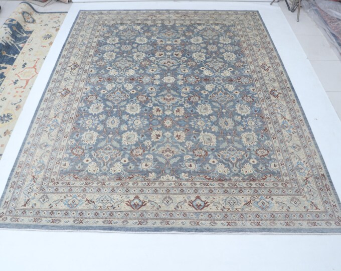 8.10 X 11.16 ft Blue and Beige Geomatrical Handmade ,Heriz Cotton and Wool