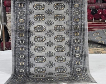 3 X 5 ft Geometrical Mori Bokhara Rug, Gray, Handmade Cotton and Wool