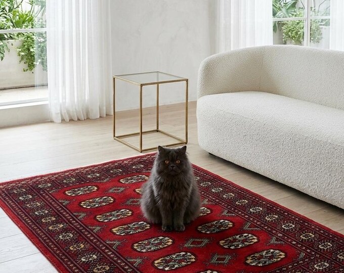 3.1 X 4.10 ft Red Geomatrical Handmade , Mori Bokhara Cotton and Wool