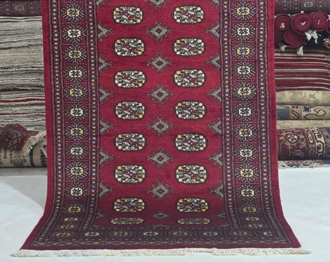 3 X 5 ft Red Geometrical Handmade, Mori Bokhara Cotton and Wool