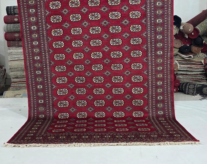6 X 9 ft Red Geometrical Handmade, Mori Bokhara Cotton and Wool