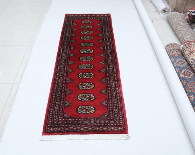 2.1 X 6.0 ft Red Geomatrical Runner Handmade, Mori Bokhara Cotton and Wool