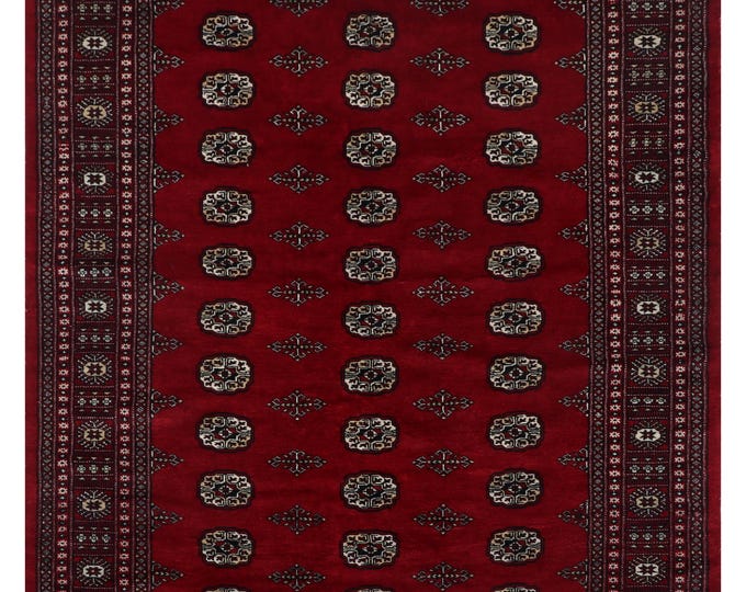 5.7 X 8.3 ft Red Geomatrical Handmade Runner, Mori Bokhara Cotton and Wool