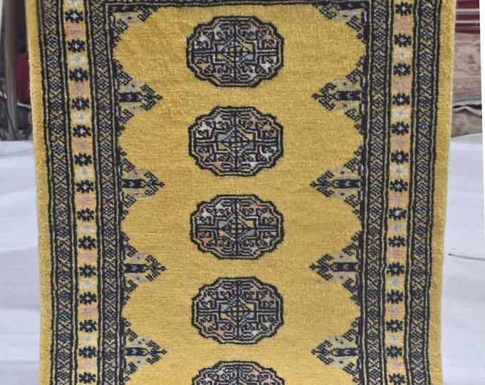 2 X 3 ft Yellow Geometrical Handmade, Mori Bokhara Cotton and Wool