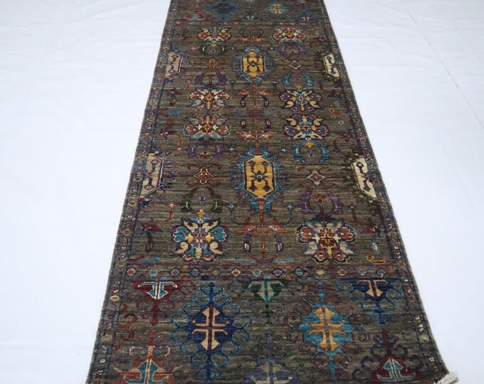 Hand Knotted Wool Bidjar Runner Rug, Gray Floral Afghan Rug (7ft)