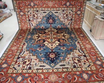 10x14 Heriz Area Rug, Blue Rust Afghan Wool Rug, Hand Knotted